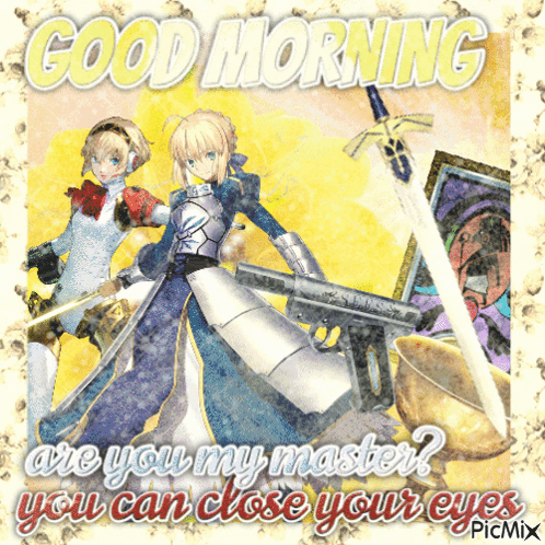 A Good Morning Greeting Card With Two Anime Characters And A Sword GIF