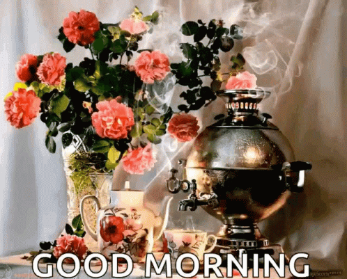 A Good Morning Greeting With A Vase Of Flowers And A Tea Kettle GIF