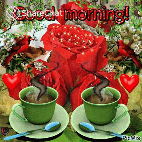 A Good Morning Greeting With Two Cups Of Coffee And Red Roses On A Table GIF