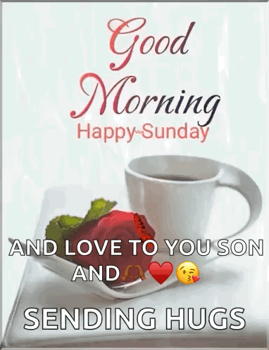 A Good Morning Happy Sunday Greeting Card With A Cup Of Coffee And A Plate Of Food . GIF