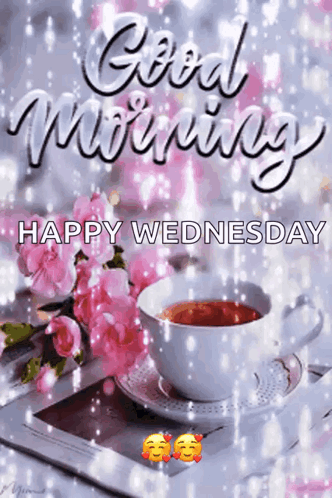 A Good Morning Happy Wednesday Greeting Card With A Cup Of Tea And Flowers . GIF