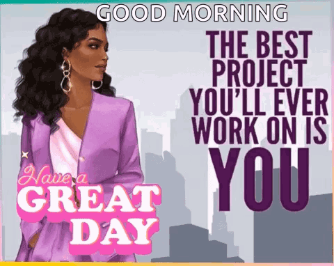 A Good Morning Message With A Woman In A Purple Suit GIF