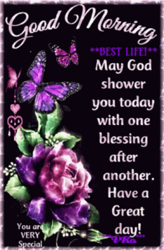a good morning message with purple butterflies and flowers