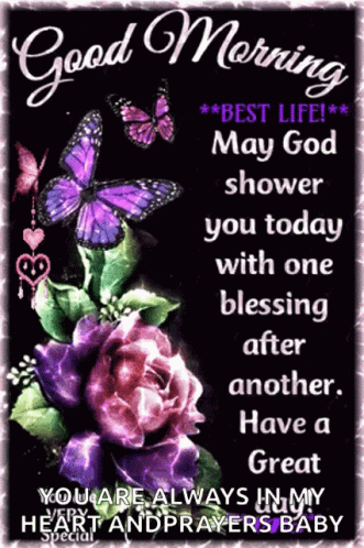 A Good Morning Message With Purple Butterflies And Purple Flowers GIF