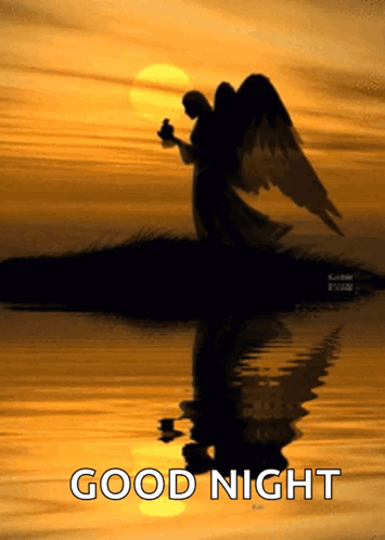 A Good Night Card With A Silhouette Of An Angel Holding A Candle GIF