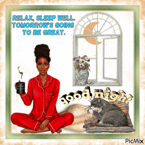A Good Night Card With A Woman Holding A Cup Of Coffee And A Cat GIF