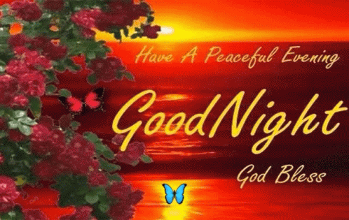 A Good Night Card With Flowers And Butterflies And The Words `` Have A Peaceful Evening Good Night God Bless '' . GIF