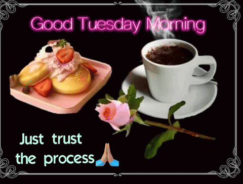 A Good Tuesday Morning Card With A Cup Of Coffee And A Plate Of Pancakes GIF
