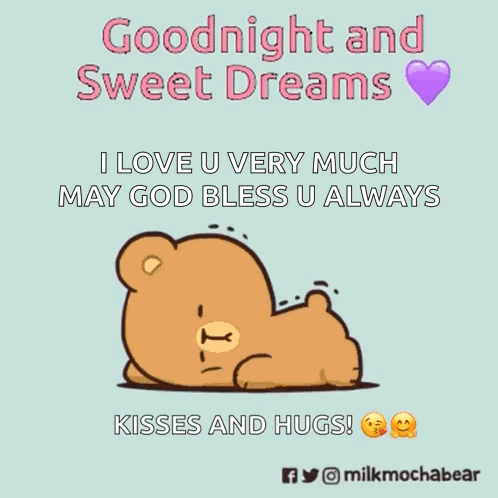 a goodnight and sweet dreams message with two teddy bears and a purple heart