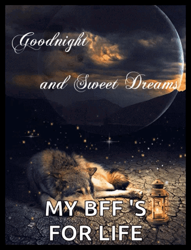 A Goodnight And Sweet Dreams Poster With A Wolf Sleeping Next To A Lantern GIF