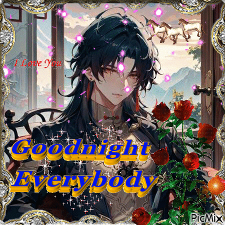 A Goodnight Everybody Greeting Card With A Picture Of A Man With Long Hair And Roses . GIF