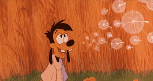 A Goofy Cartoon Character Blowing Dandelions With A Magnifying Glass On His Head GIF