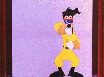 A Goofy Cartoon Character Is Dancing On A Stage With A Red Curtain In The Background . GIF