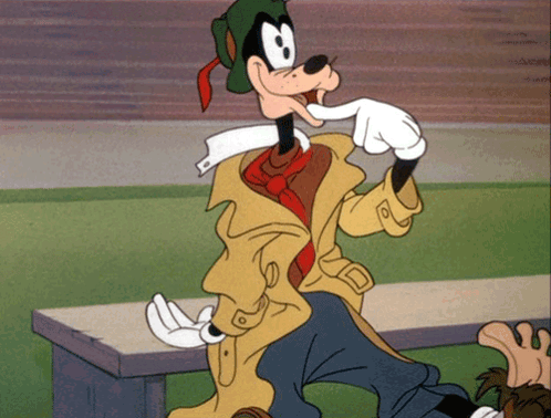 A Goofy Cartoon Character Is Sitting On A Bench With His Hand In His Mouth GIF