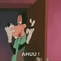A Goofy Cartoon Character Is Standing In Front Of A Door And Shouting A Huuu ! GIF