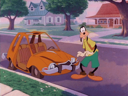 A Goofy Cartoon Character Is Standing Next To A Broken Orange Car GIF