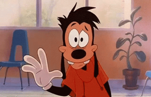 A Goofy Cartoon Character Is Waving His Hand In A Room With A Plant In The Background . GIF