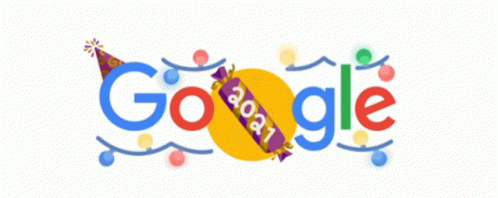 A Google Logo For The Year 2021 With A Party Hat And Balloons GIF
