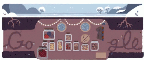 A Google Logo With A Drawing Of A Cave With Jars Of Food On It GIF
