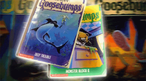 A Goosebumps Book Titled Deep Trouble Sits Next To Another Book Titled Monster Blood Ii GIF