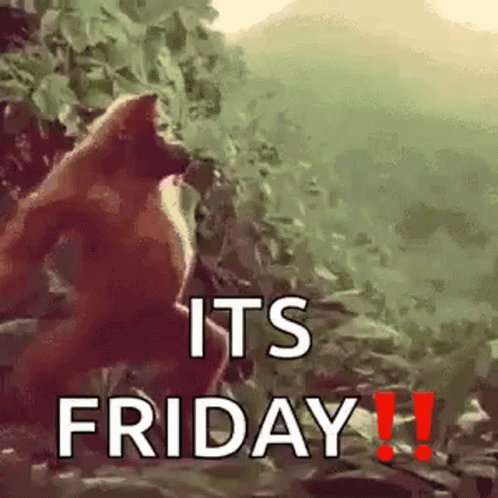 A Gorilla Is Standing In The Woods With The Words `` It 'S Friday '' Written On It . GIF