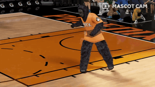 A Gorilla Mascot On A Basketball Court Wearing A Hxx Jersey GIF