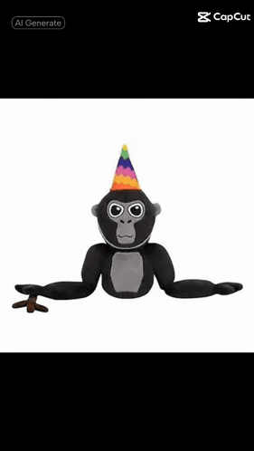 A Gorilla Wearing A Party Hat And Holding A Stick GIF