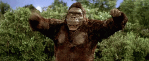 a gorilla with its arms outstretched is standing in front of trees