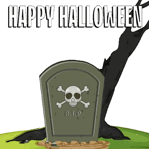 a gravestone with a skull and crossbones and the words " happy halloween " below it