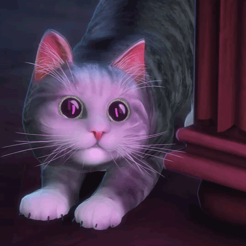 A Gray And White Cat With Purple Eyes And A Pink Nose GIF