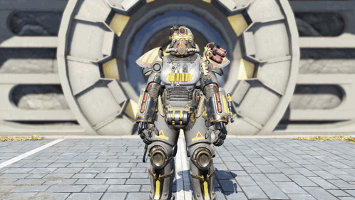 A Gray And Yellow Robot Is Standing In Front Of A Large Vault GIF