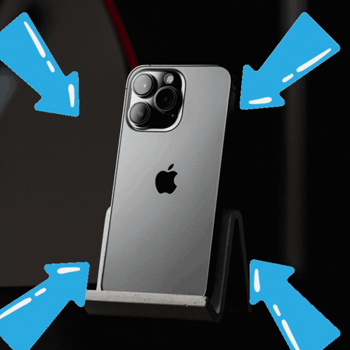 A Gray Apple Phone Sitting On A Stand With Blue Arrows Pointing At It GIF