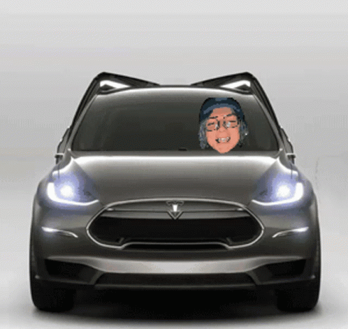 A Gray Tesla With A Cartoon Face On The Windshield GIF