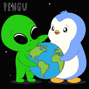 A Green Alien And A Blue Penguin Holding A Globe In Their Hands GIF