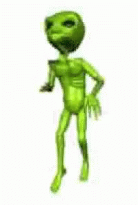 A Green Alien Is Dancing On A White Background And Looking At The Camera . GIF