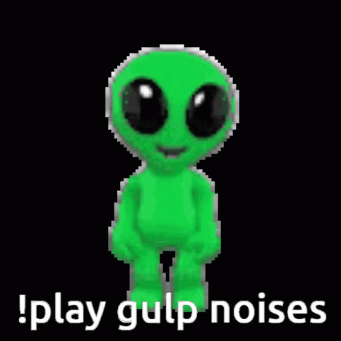 A Green Alien Is Dancing With The Words `` Play Gulp Noises '' Written Below It . GIF