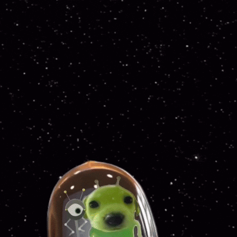 A Green Alien Is Flying In A Space Ship With The Word Send Written On The Bottom GIF