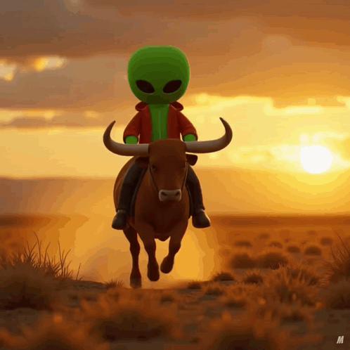 A Green Alien Is Riding A Bull In The Desert At Sunset GIF