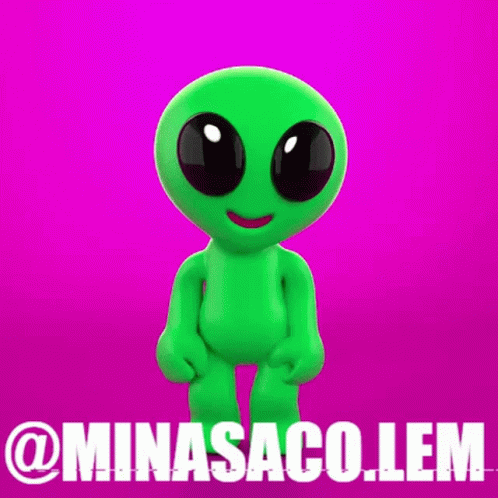 A Green Alien Is Standing In Front Of A Purple Background With The Words @Minasaco.lem Written Below It GIF