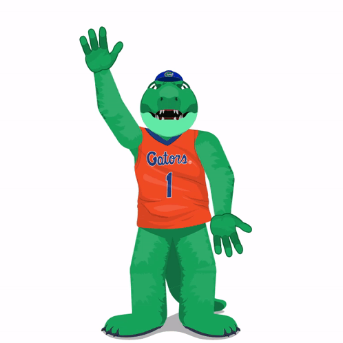 A Green Alligator Wearing An Orange Gators Jersey Is Waving GIF