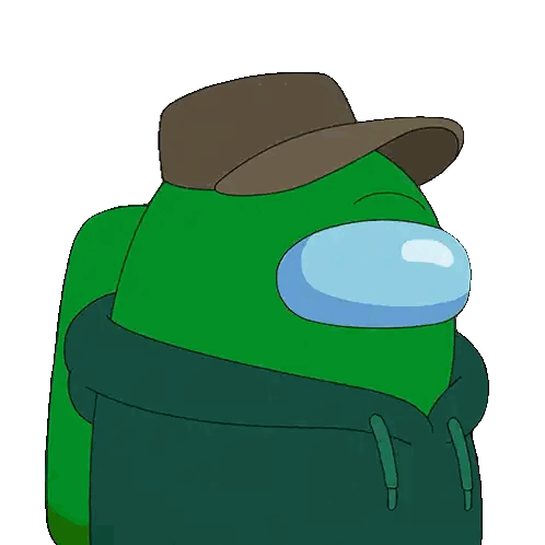 a green among us character wearing a hat and scarf