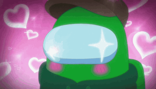 A Green Among Us Character With Hearts Surrounding Him GIF