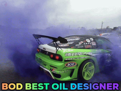 A Green And Black Car With The Words " Bod Best Oil Designer " Above It GIF