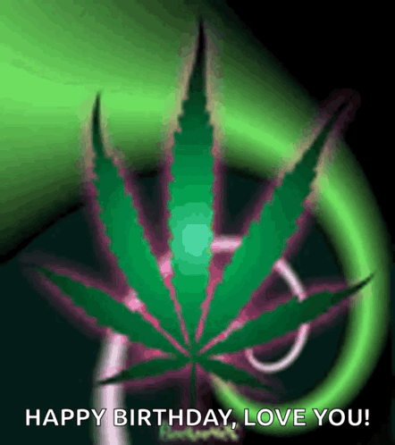 A Green And Pink Marijuana Leaf With The Words Happy Birthday Love You GIF