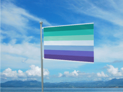 A Green And Purple Flag Flies In The Wind GIF