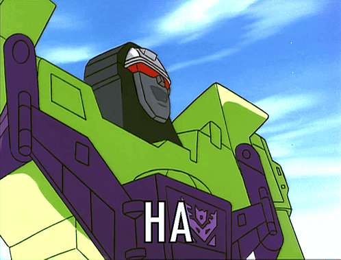 A Green And Purple Robot With The Word " Ha " On Its Chest GIF