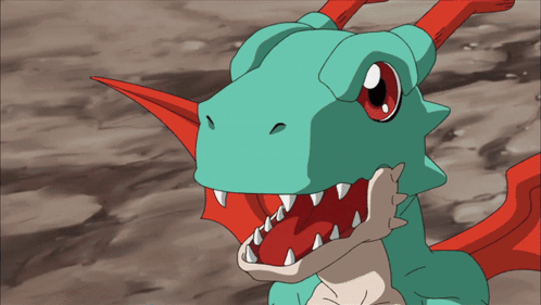 A Green And Red Cartoon Dragon With Its Mouth Open And Sharp Teeth GIF