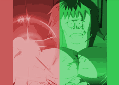 A Green And Red Image Of A Cartoon Character With A Skull On His Face GIF