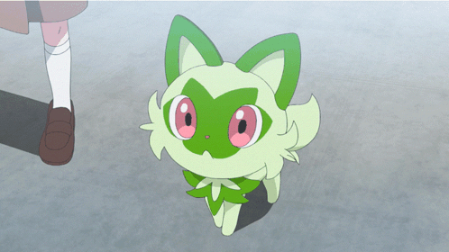 A Green And White Cartoon Cat With Pink Eyes Is Standing Next To A Person GIF