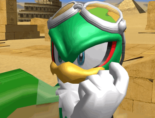 A Green And White Cartoon Character Wearing Goggles And Gloves GIF